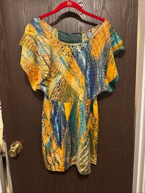 Free People Vibrant Satin Mesh Back Abstract Dress w/ Pockets Yellow Teal Green